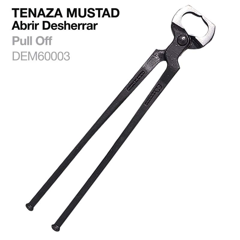 Tenaza Mustad preta de metal para abrir e desherrar com texto informativo