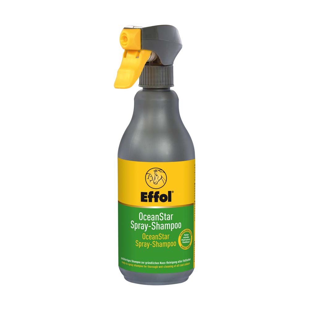 Frasco de spray cinza com pulverizador amarelo e rótulo amarelo e verde Effol OceanStar Spray-Shampoo