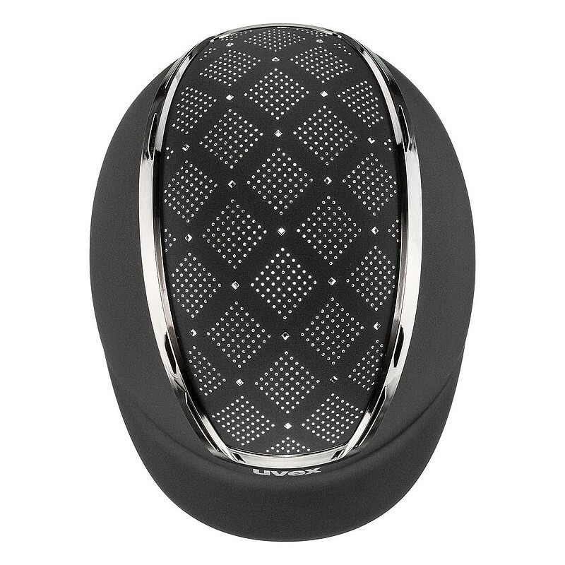 Capacete de equitação preto com padrão quadriculado e detalhes cromados