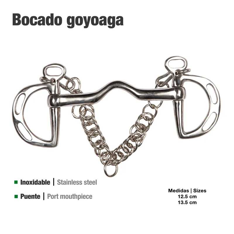 Bocado Goyoaga em aço inoxidável com argolas ovais, peça central curva e corrente metálica