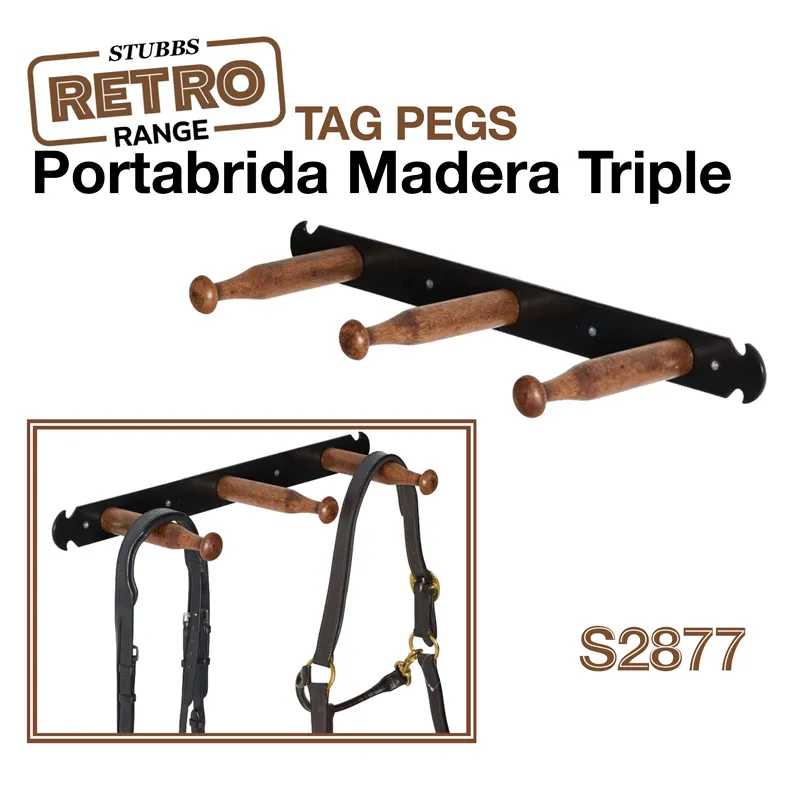Porta brida de madeira triplo com suporte de metal preto