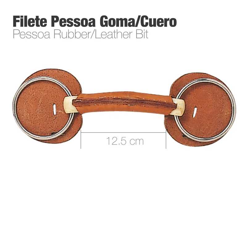Freio Pessoa Goma/Couro com argolas metálicas e peça central de madeira