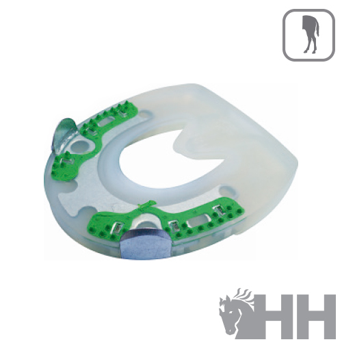 Dispositivo ortopédico transparente com elementos verdes e fixações metálicas