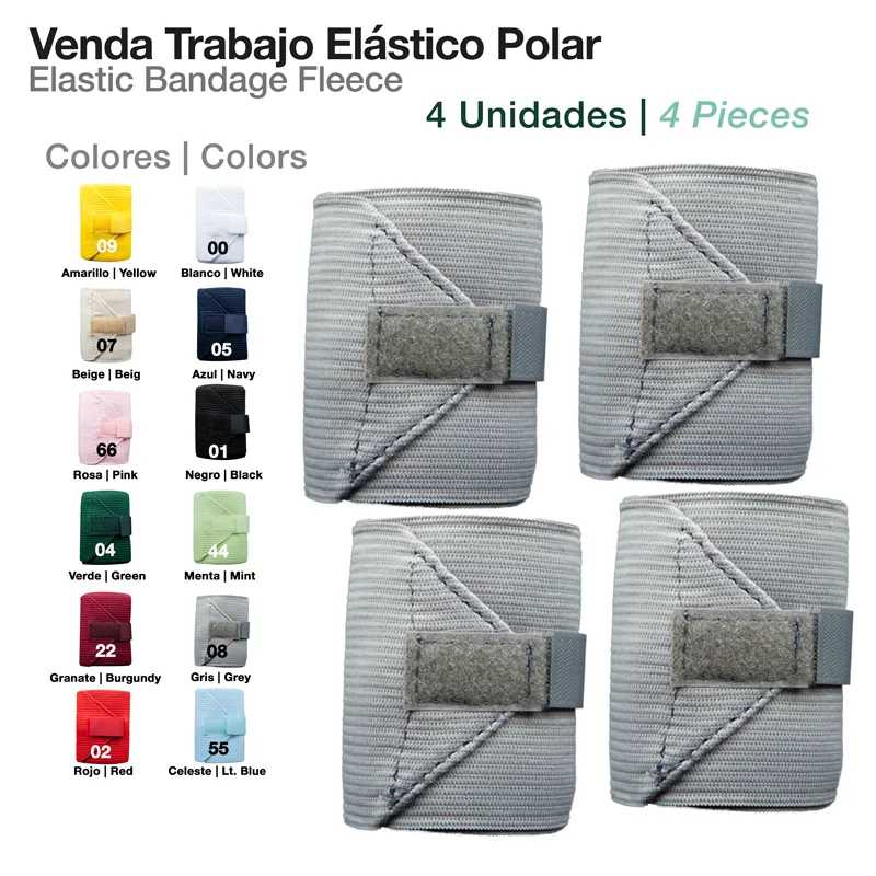 Venda elástica polar cinza com fecho de velcro, pacote de 4 unidades, tabela de cores visível ao lado