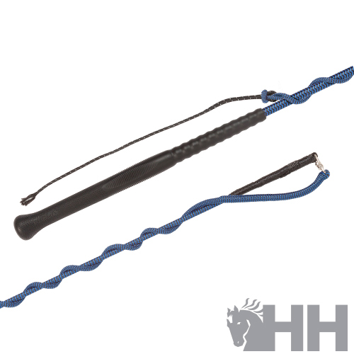 Chicote azul com pega preta e cordas em fundo branco