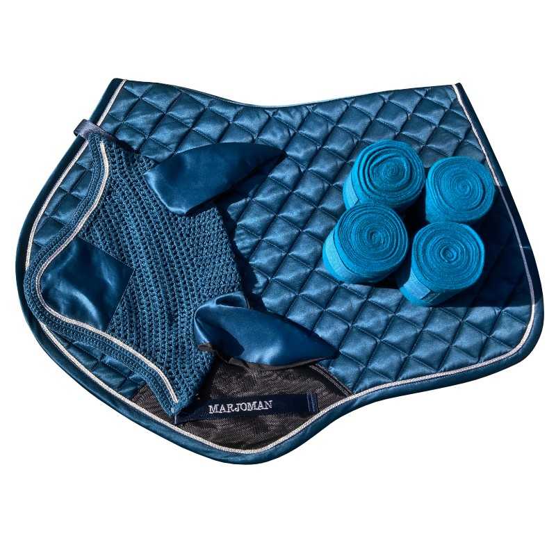 Tapete de sela azul acolchoado com proteção para orelhas e bandagens azuis