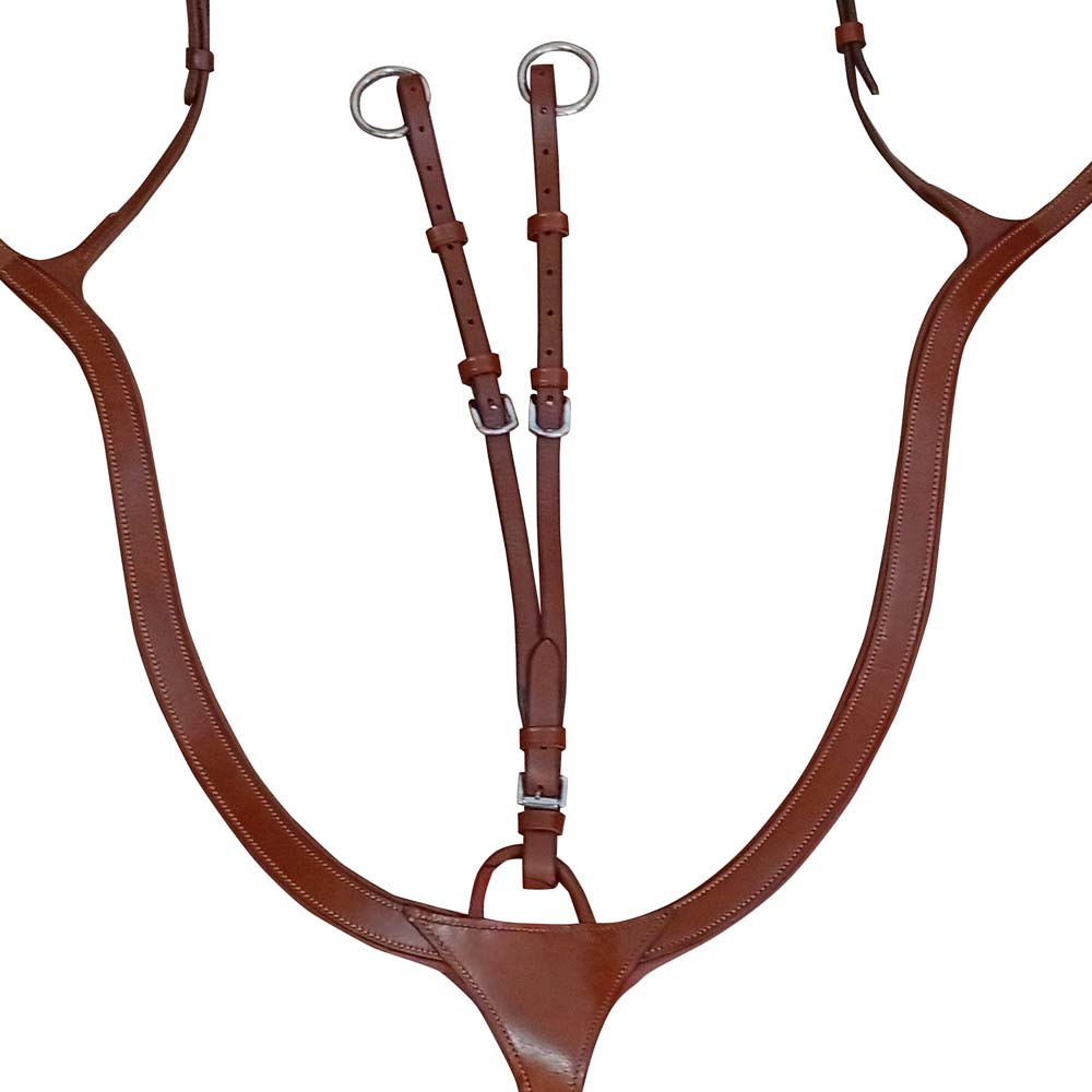Peitoral equestre castanho em cabedal com argolas metálicas e fivelas