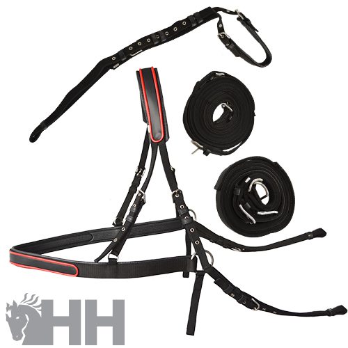 Conjunto de arreios e rédeas de nylon preto com detalhes em vermelho