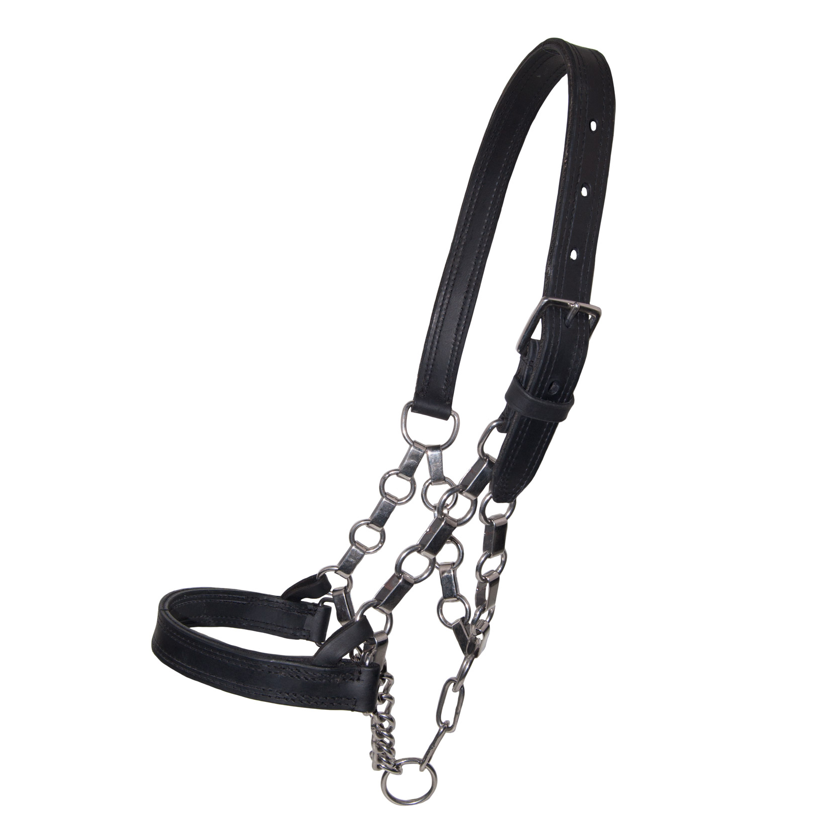 cabeçada para cavalo em pele preta e metal prateado