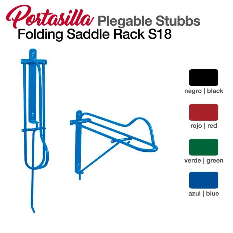 Suporte de sela dobrável azul com texto e opções de cores