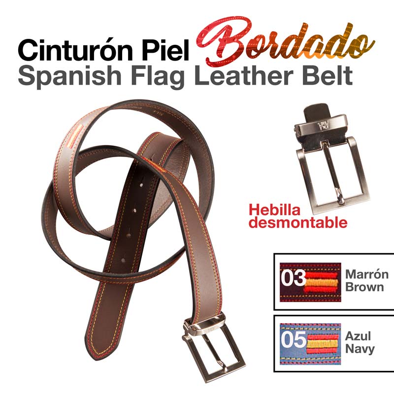 Cinto de pele castanha com costura bordada da bandeira espanhola e fivela metálica desmontável