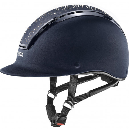 Capacete de equitação azul escuro com detalhes brilhantes e viseira preta