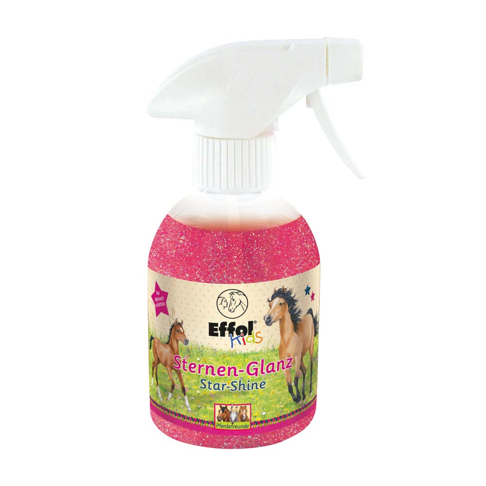 Spray plástico transparente com líquido rosa e rótulo com cavalos
