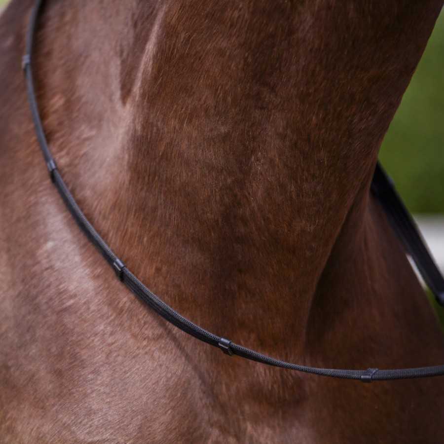 Corda preta com nós no pescoço de um cavalo castanho
