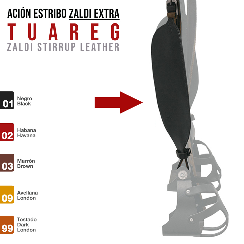 Estribo de equitação em pele preta com texto informativo e opções de cores