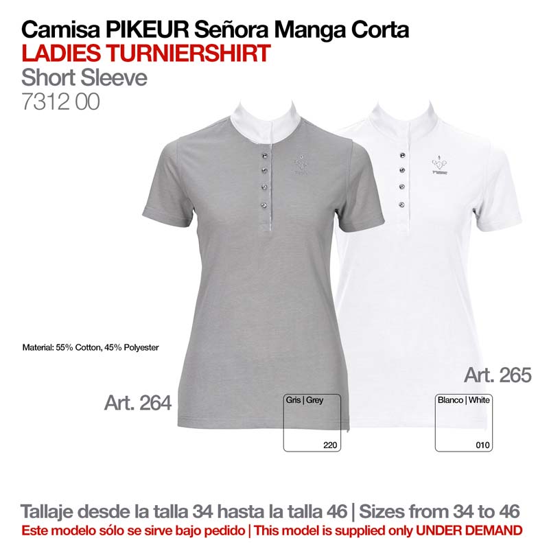 Duas camisas de senhora manga curta PIKEUR cinza e branca com detalhes de botão e texto de tamanho.