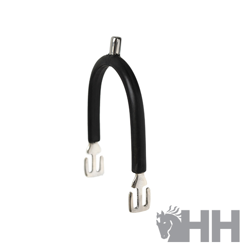 Espora de equitação metálica com arco preto sobre fundo branco