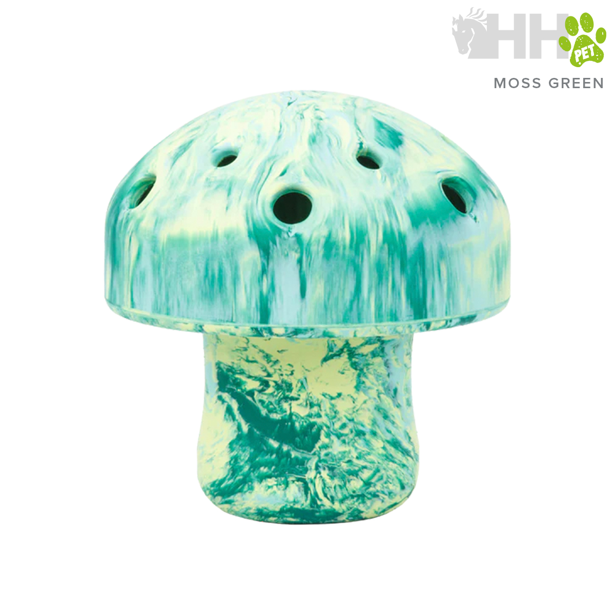 Objeto em forma de cogumelo marmoreado verde e marfim com orifícios e texto HD PET MOSS GREEN