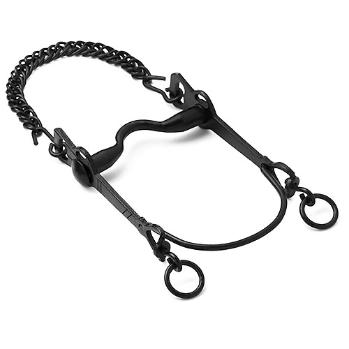 Freio metálico preto com corrente e argolas para cavalo