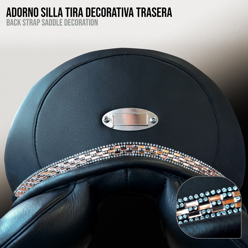 Adorno decorativo traseiro de sela de cavalo com tiras de vidrilhos e placa metálica