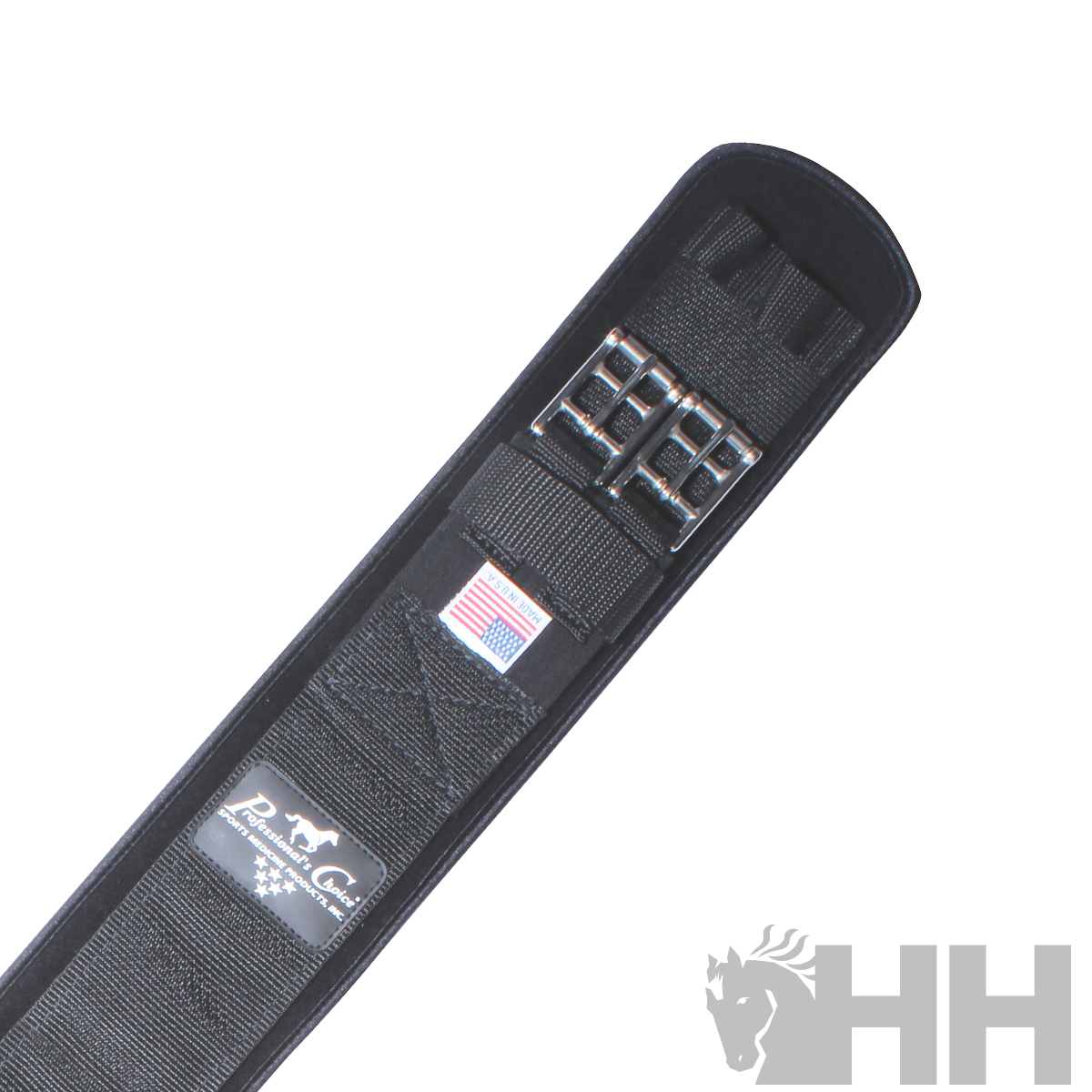 Coleira ou cinta preta com fivelas metálicas e etiquetas textuais