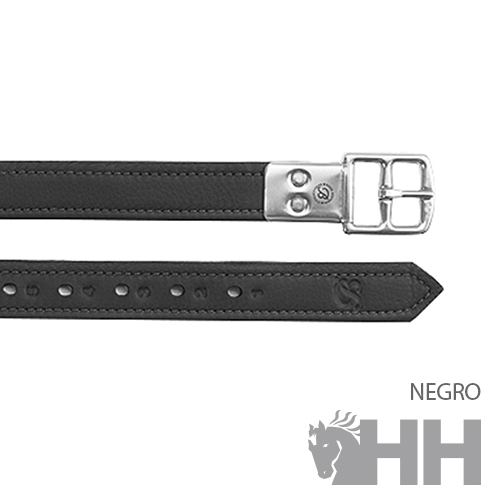 Cinto preto de couro com fivela metálica e logotipo HH em fundo branco