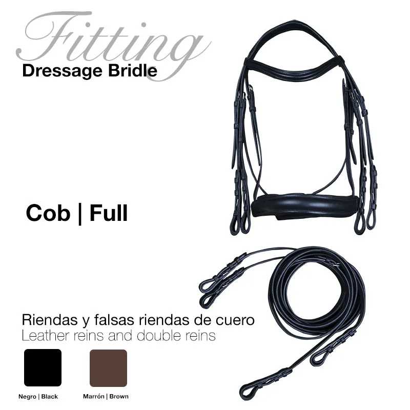 Bridão de dressage em couro preto com rédeas e falsas rédeas