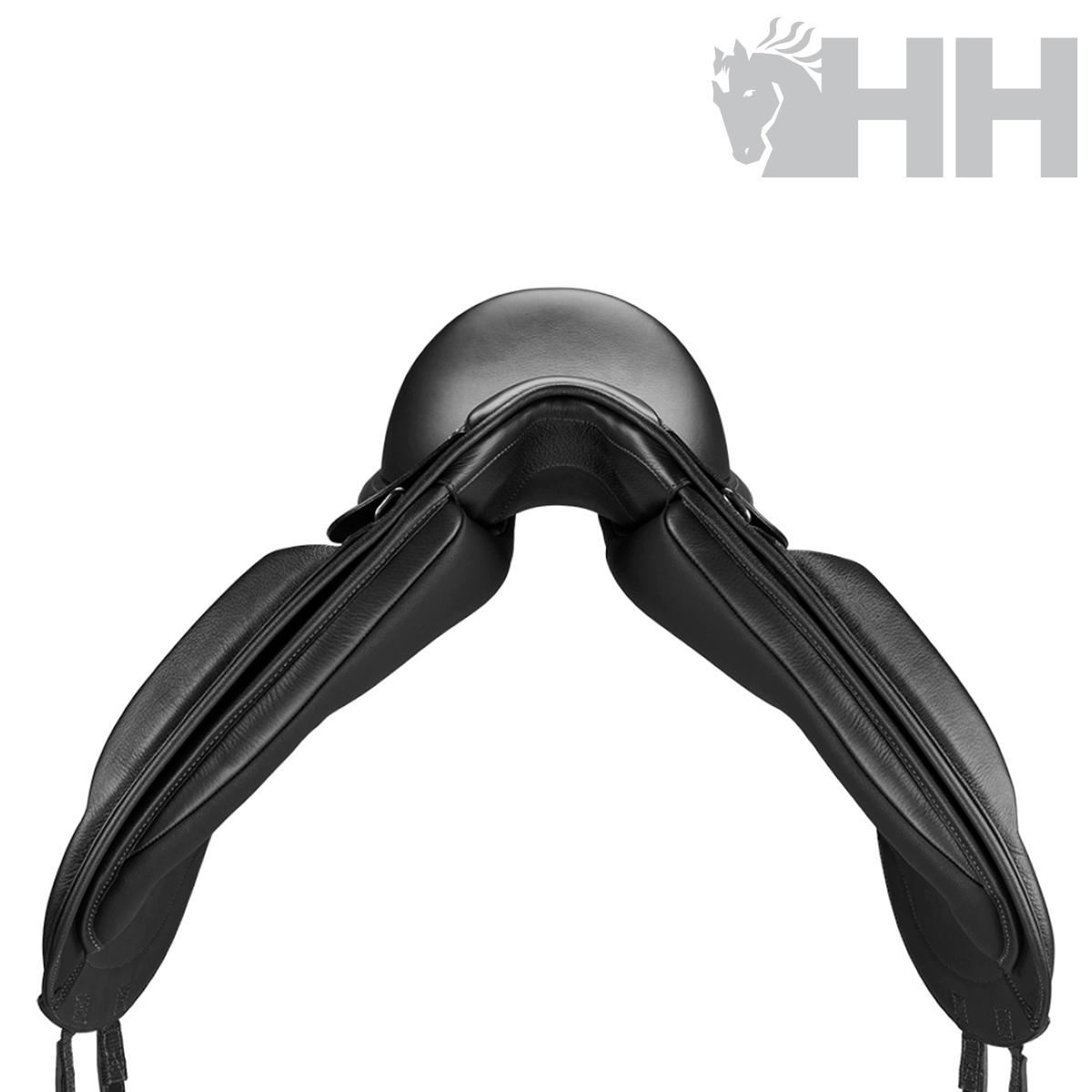 Selim de cavalo preto em couro com acolchoamento e logotipo HH cinza