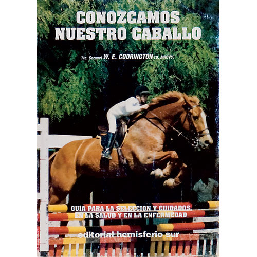 Capa de livro em espanhol com cavalo a saltar obstáculo e texto sobre cuidados e seleção do cavalo