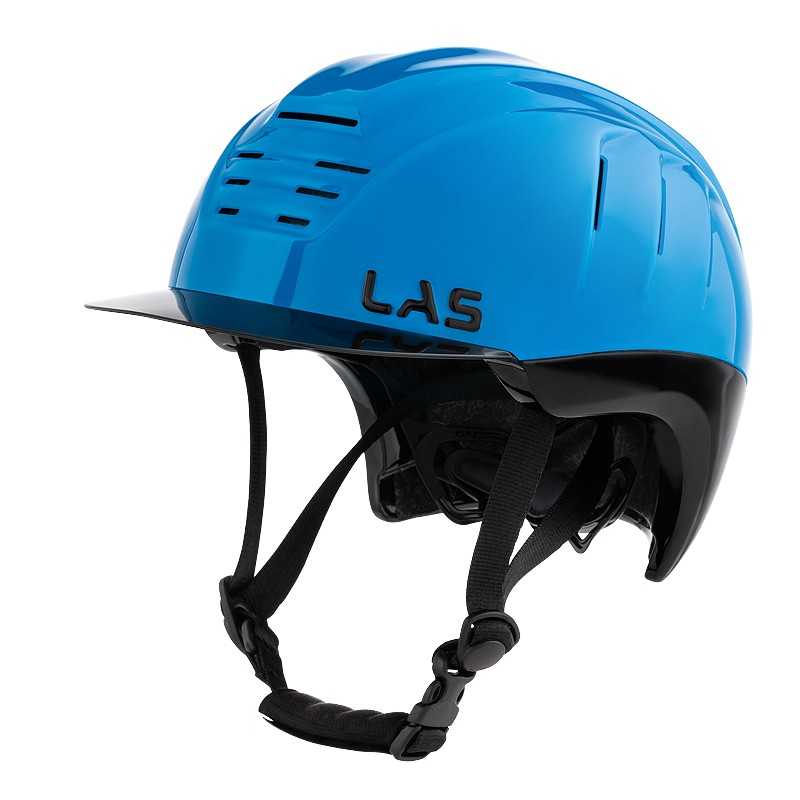 Capacete de proteção azul e preto com correias ajustáveis