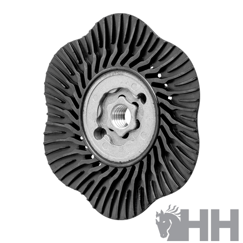 Disco abrasivo negro ondulado con centro metálico y logo HH