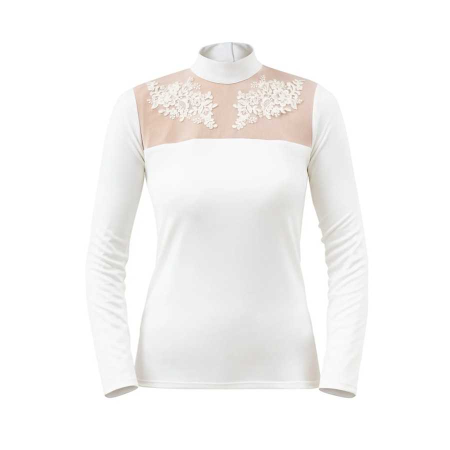 Camisola branca com painel transparente e aplicações florais
