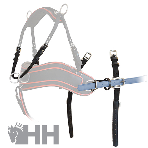 Arnês para cavalo em couro preto com detalhes rosa e azul