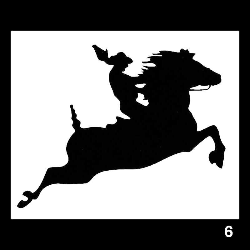 Silhueta preta de cavalo com cavaleiro e número 6