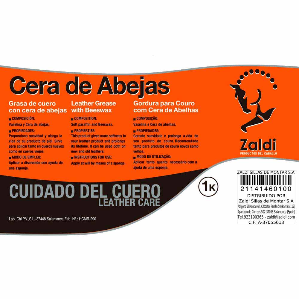 Etiqueta de produto de cuidado de couro com cera de abelhas Zaldi em laranja e preto