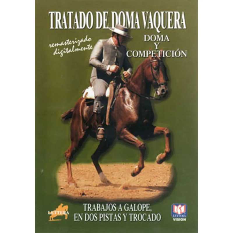 Capa de livro com homem em cavalo castanho, texto 'TRATADO DE DOMA VAQUERA' e outros detalhes