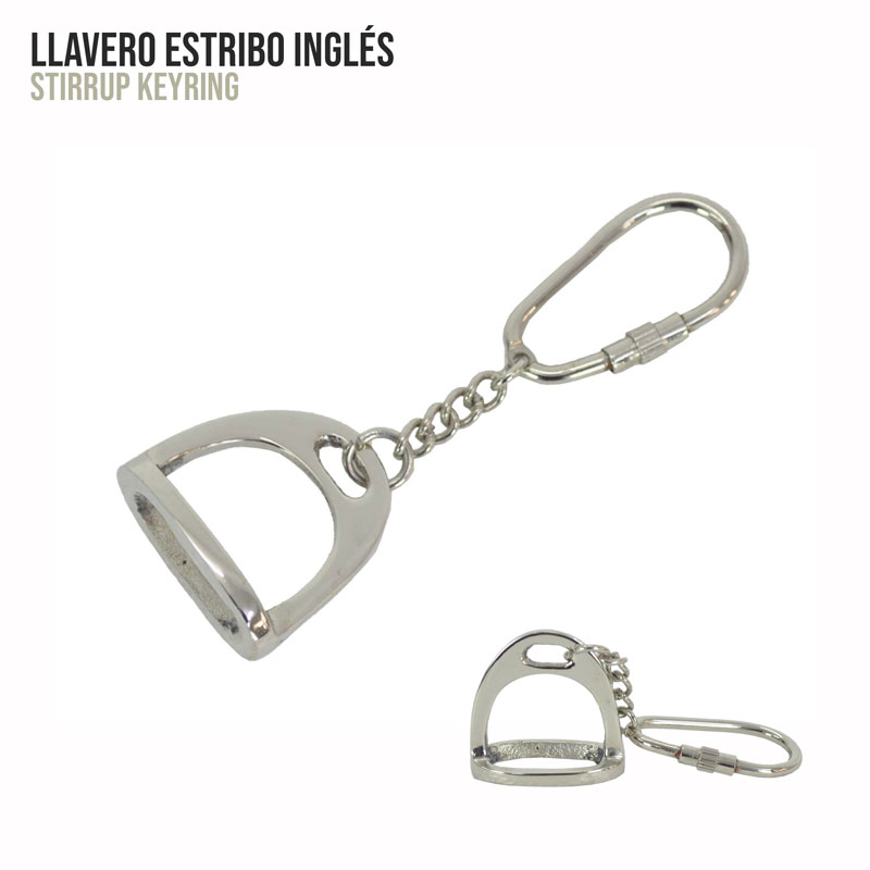 Chaveiro em forma de estribo inglês prateado com corrente e mosquetão