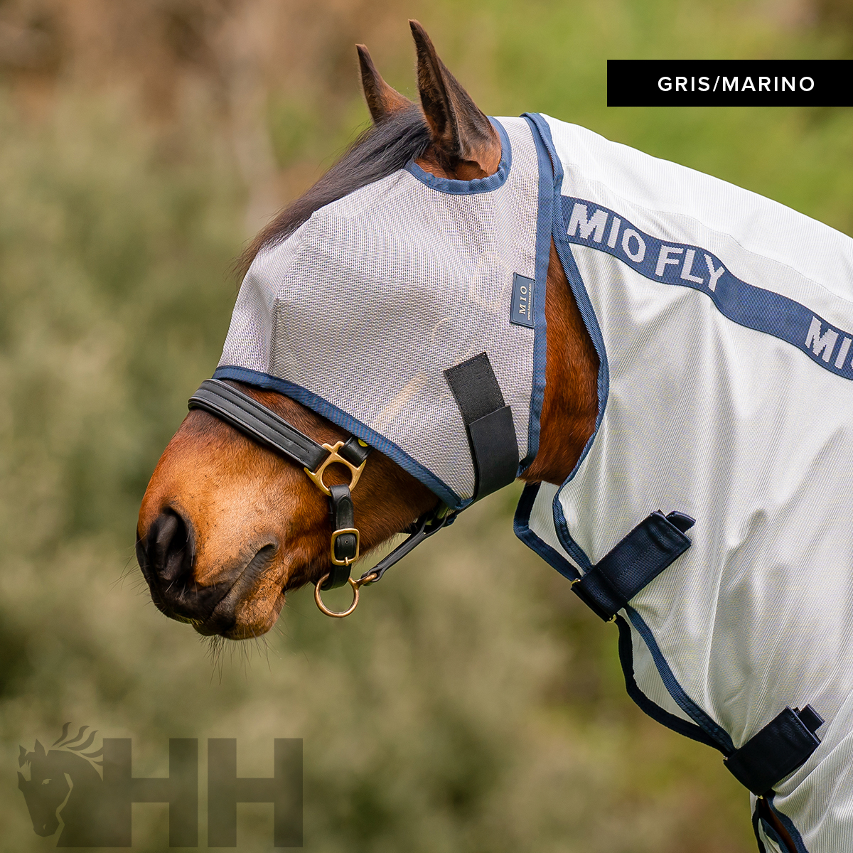 Cavalo com máscara anti-insetos cinza e azul-marinho com correias pretas