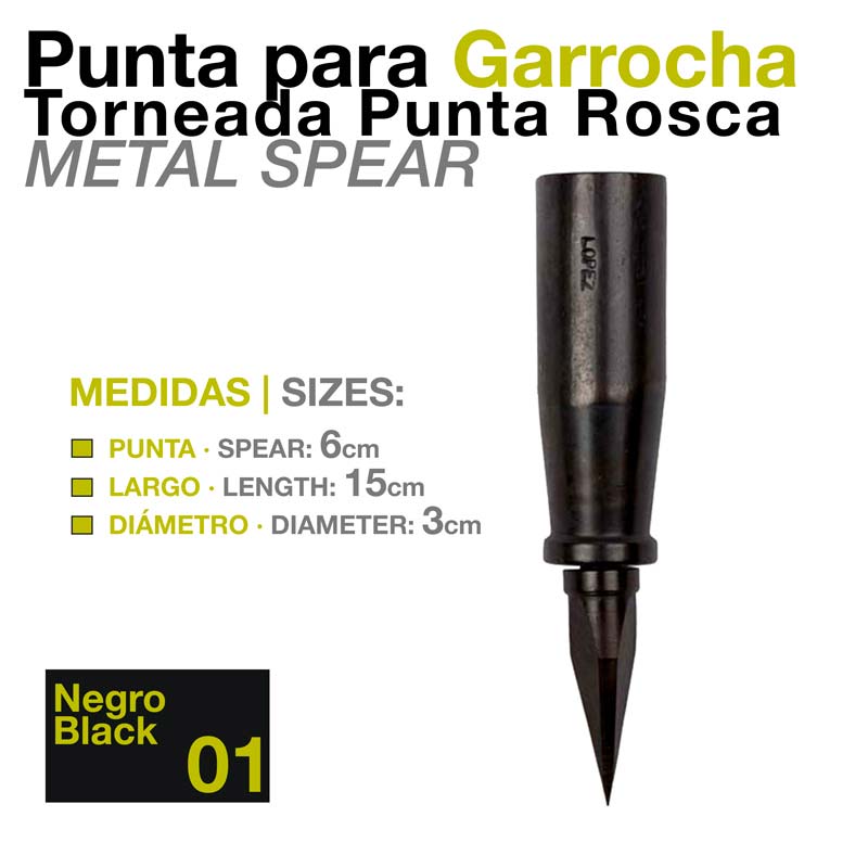 Ponta para garrocha negra de metal com especificações de tamanho