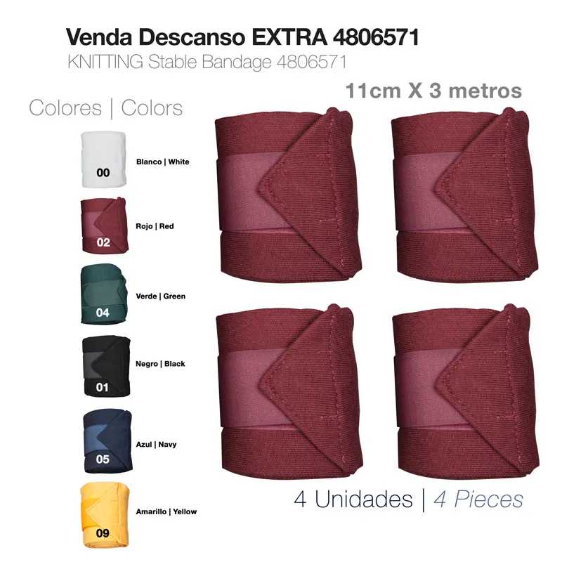 Conjunto de quatro vendas elásticas bordô para suporte com fechos aderentes, medidas 11 cm x 3 metros, incluindo variedade de cores e código 4806571
