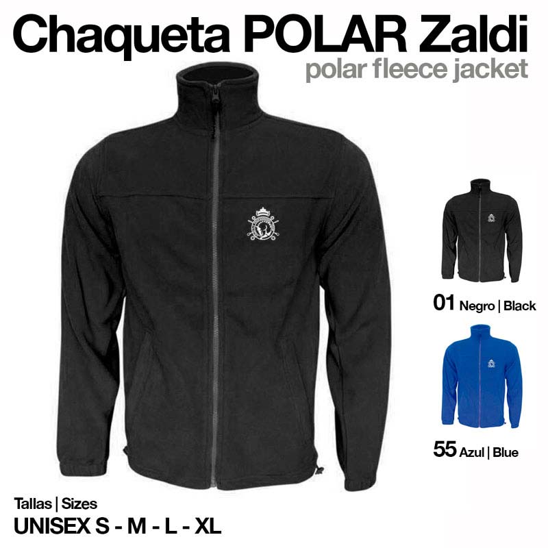 Chaqueta polar preta e azul com ziper frontal e logo bordado