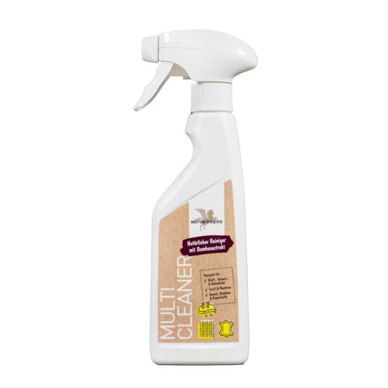 Frasco spray branco de limpador multiuso com etiqueta castanha clara e texto