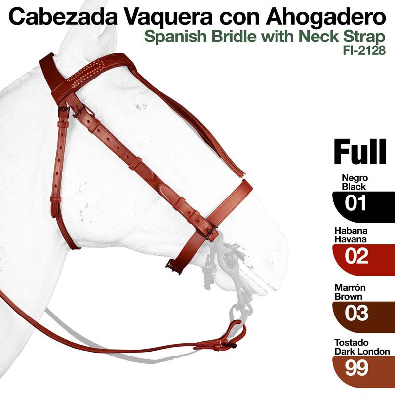 Cabeçada vaqueira espanhola em pele cor Havana num modelo de cavalo branco com texto de opções de cores
