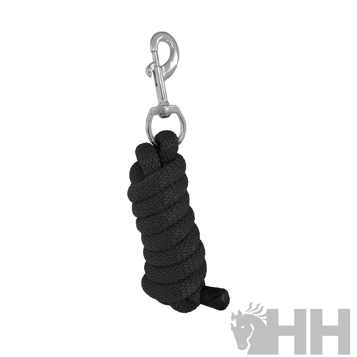 Corda preta com gancho metálico prateado sobre fundo branco com logotipo HH