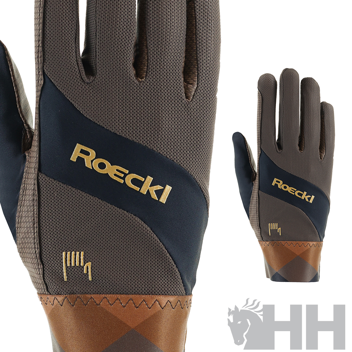 Par de luvas Roeckl cinzento escuro com padrão castanho e texto Roeckl amarelo