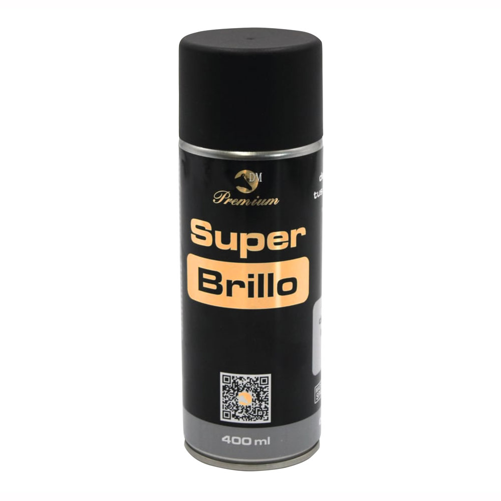 Spray preto com rótulo Super Brillo e tampa preta