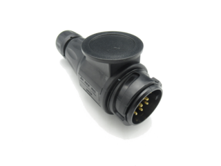Conector elétrico preto com pinos dourados e tampa articulada