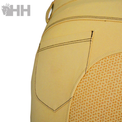 Calças amarelas com bolso e padrão lateral castanho