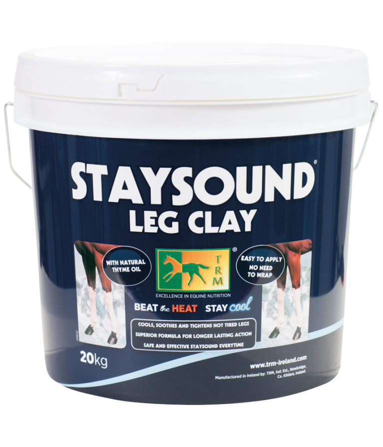Balde azul escuro com tampa branca do produto STAYSOUND LEG CLAY para pernas de cavalos.