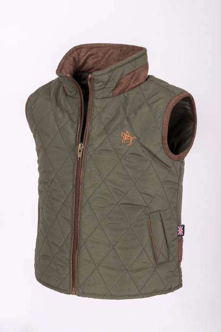 Colete acolchoado verde com fecho frontal e detalhes castanhos